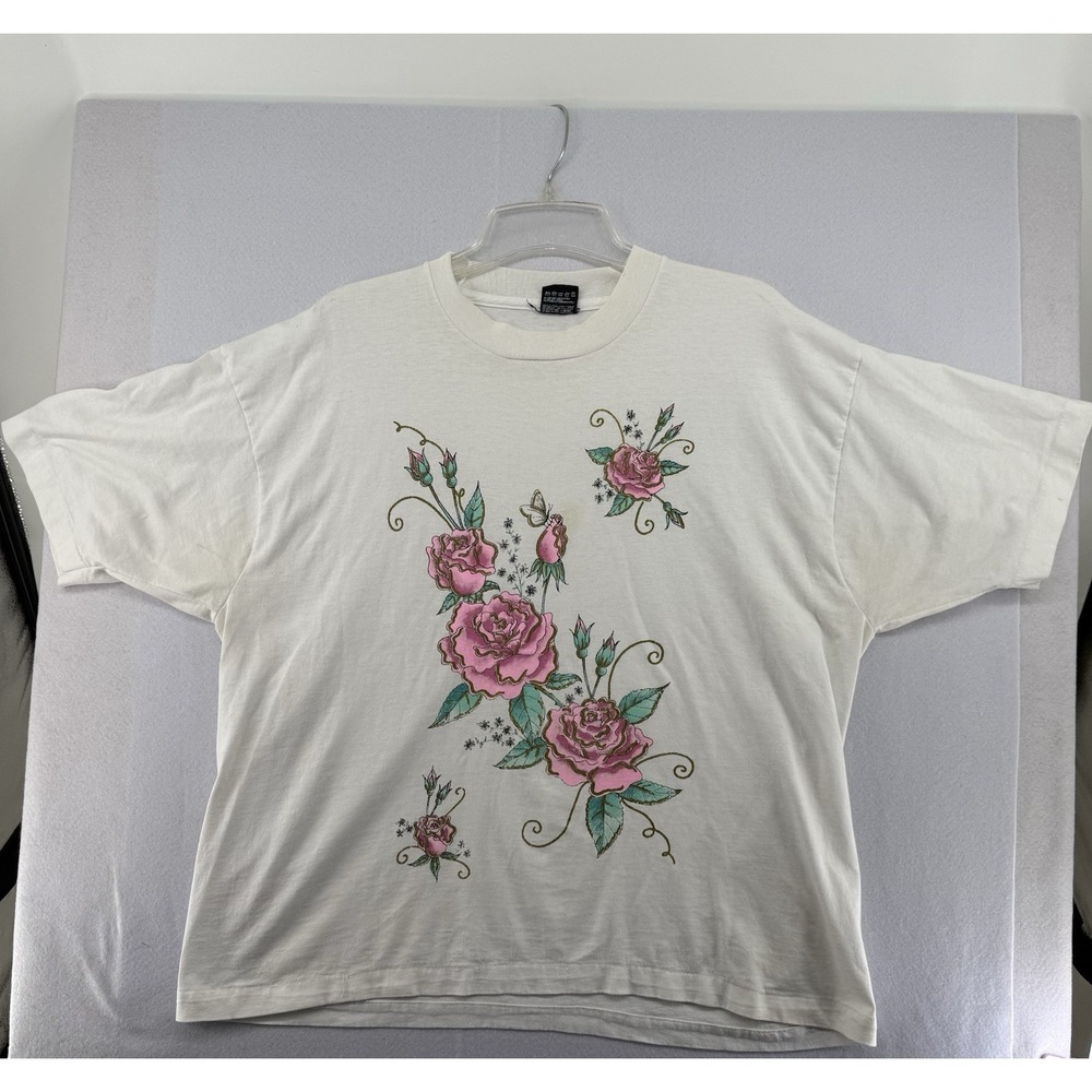 Vintage Pink Rose‎ Butterfly Graphic T-Shirt XL White 90s Fruit of the Loom Best